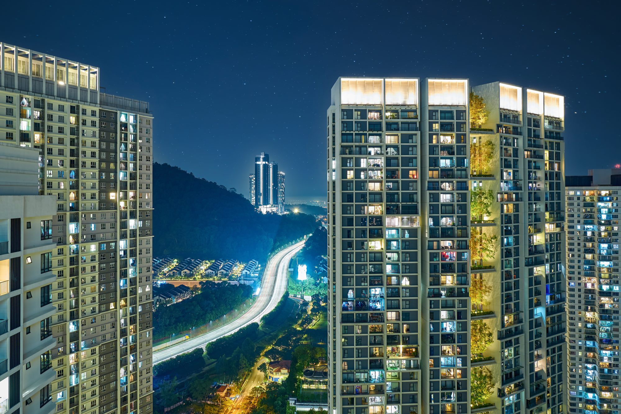 High-rise condominium towers at Desa ParkCity, Kuala Lumpur, at night