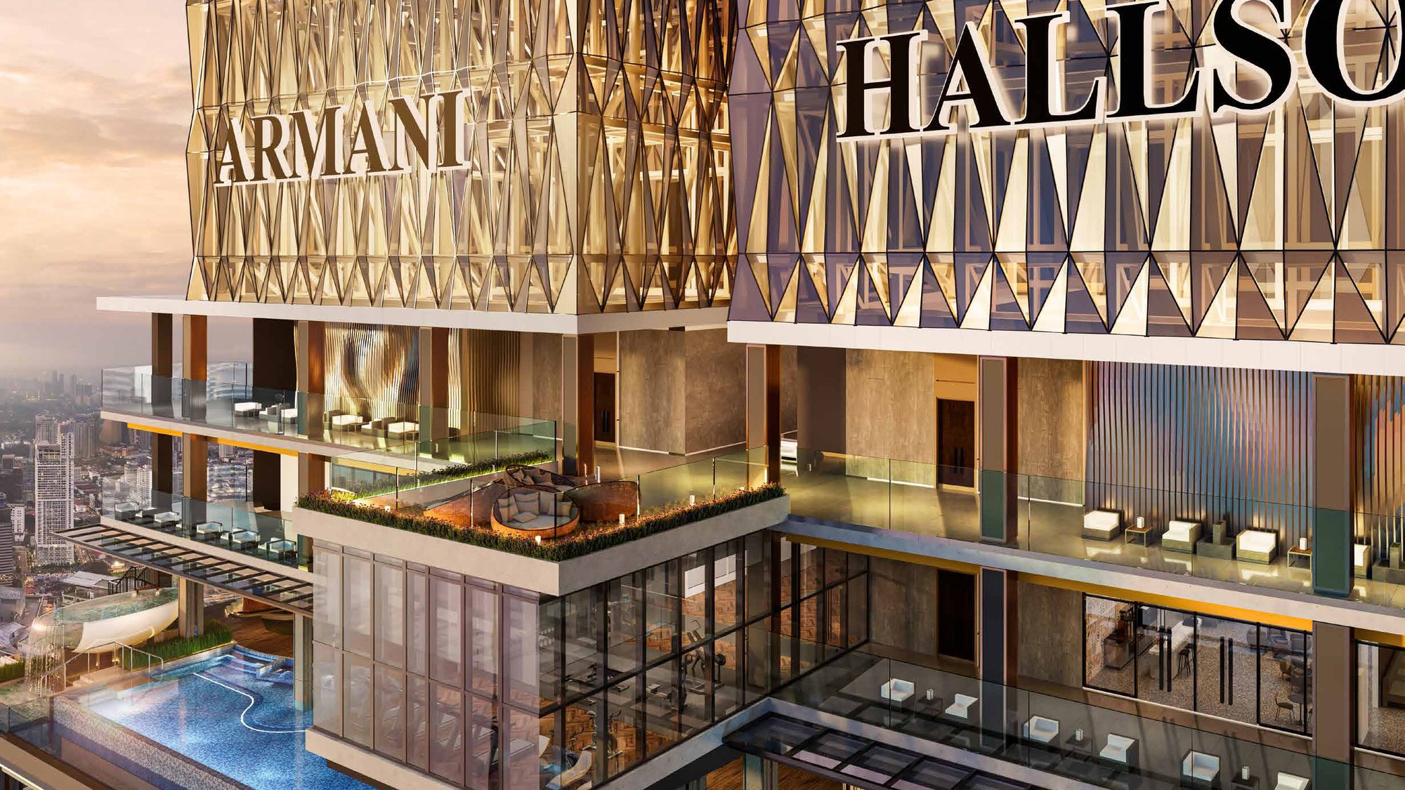 Armani Hallson KLCC — Tower facade, showing the amenity floors stacked beneath the signage, artist's impression