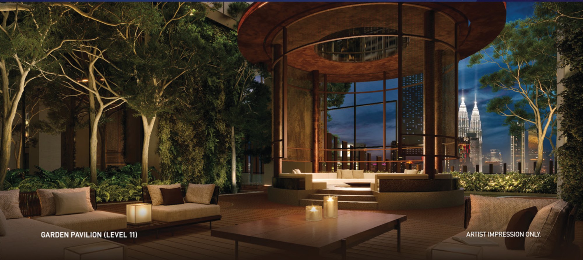 Armani Hallson KLCC — Garden Pavilion, Level 11, with a Twin Towers sightline through the trees, artist's impression