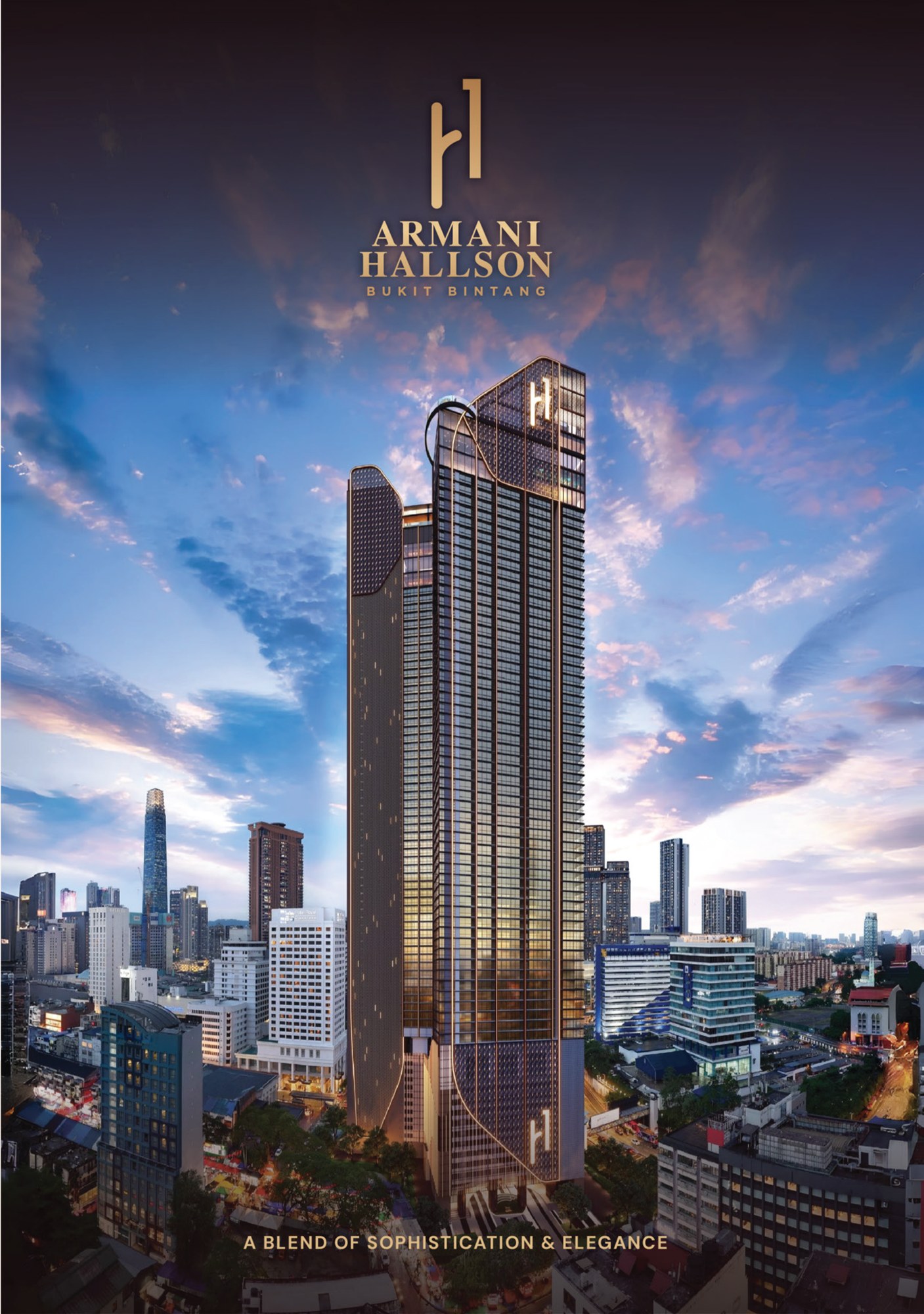 Armani Hallson KLCC — Full tower, dusk. The developer's own sales kits alternate between an "Armani Hallson KLCC" and an "Armani Hallson Bukit Bintang" tagline for this same building, since the site sits near the border of both precincts, artist's impression