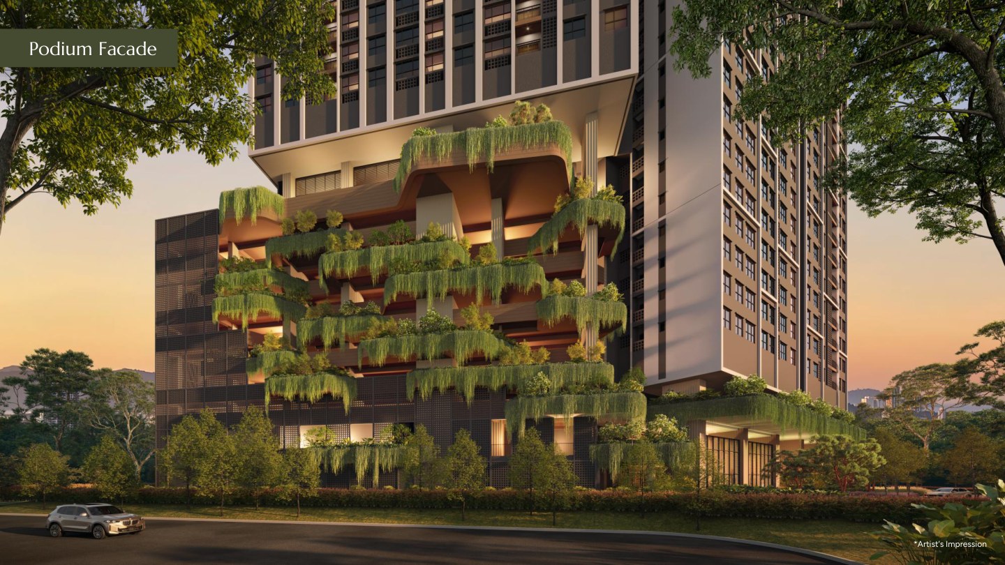 Ophira Resort Residences — Podium facade, showing the project's signature terraced greenery, artist's impression